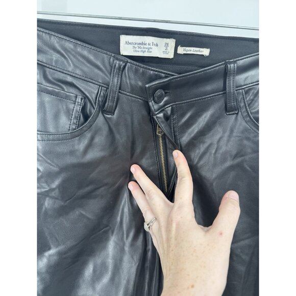 Abercrombie & Fitch Black 90s Straight Ultra HR Cross Waist Pant Vegan Leather 2 - Picture 4 of 9